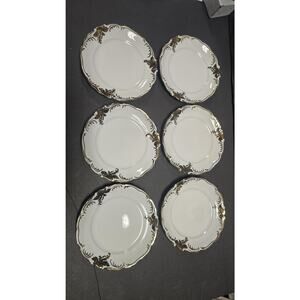 Walbrzych Porcelain Dessert Plates Set of 6 Gold Gilt Scroll Scalloped Rim